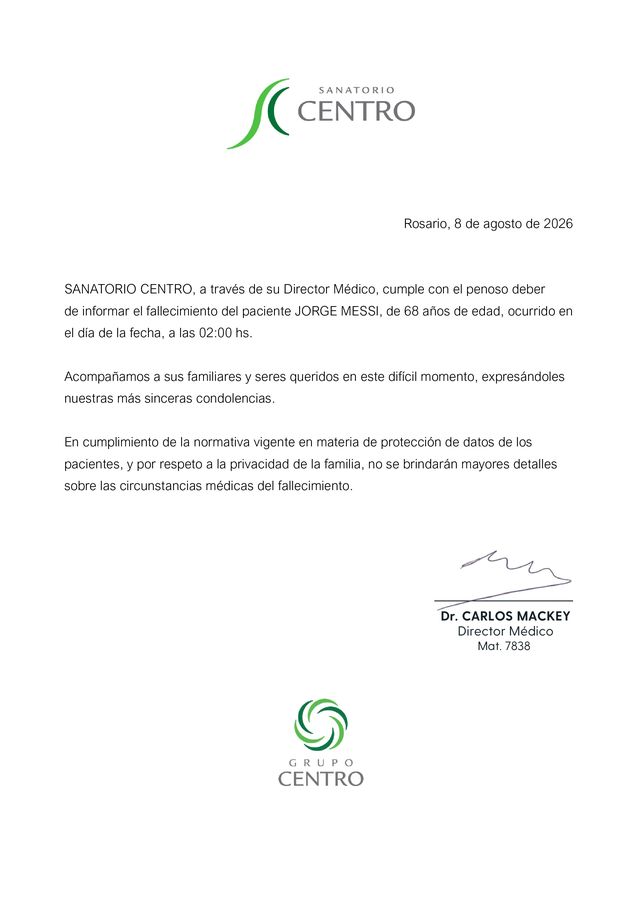El Sanatorio Centro de Rosario confirmó la muerte de Jorge Messi.