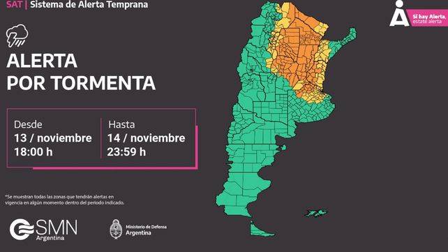 El Servicio Meteorológico Nacional (SMN) renovó alerta por lluvias