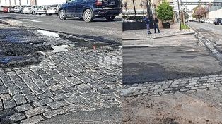 El antes y el después. Emparcharon la tradicional esquina de la Cervecería de Lavalle y Calchines.
