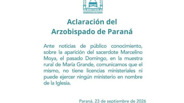 La institución eclesiástica se despegó de la presencia en María Grande de el excura Marcelino Moya absuelto por prescripción en una causa de abusos sexuales