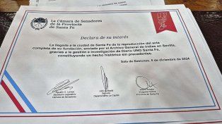 Declaración de interés de la Cámara de Senadores sobre la investigación y gestión de UNO para traer a la ciudad la reproducción del acta de fundación de la ciudad.