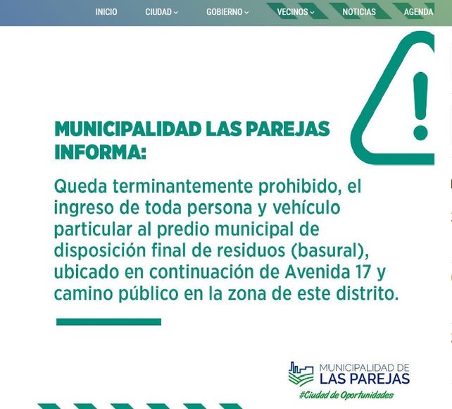 La prohibición publicada en la página oficial del municipio.