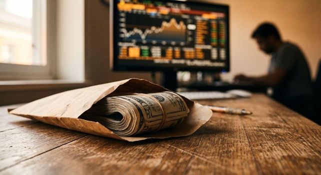 Billetes de dólar guardados frente a una pantalla de cotizaciones de divisas