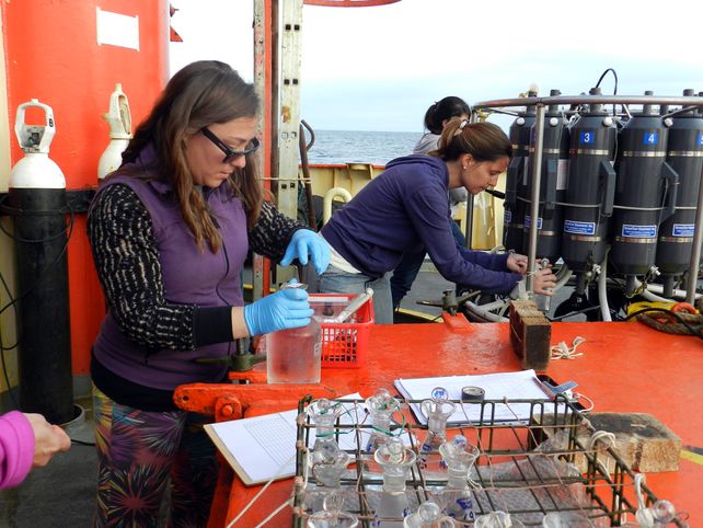 Investigadoras recolectan muestras marinas. Analizan a bordo del buque Puerto Deseado durante una de las campañas en la Pampa Azul. 