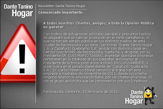 Comunicado de Dante Tanino Hogar S.A. y Cabaña El Quebracho S.A
