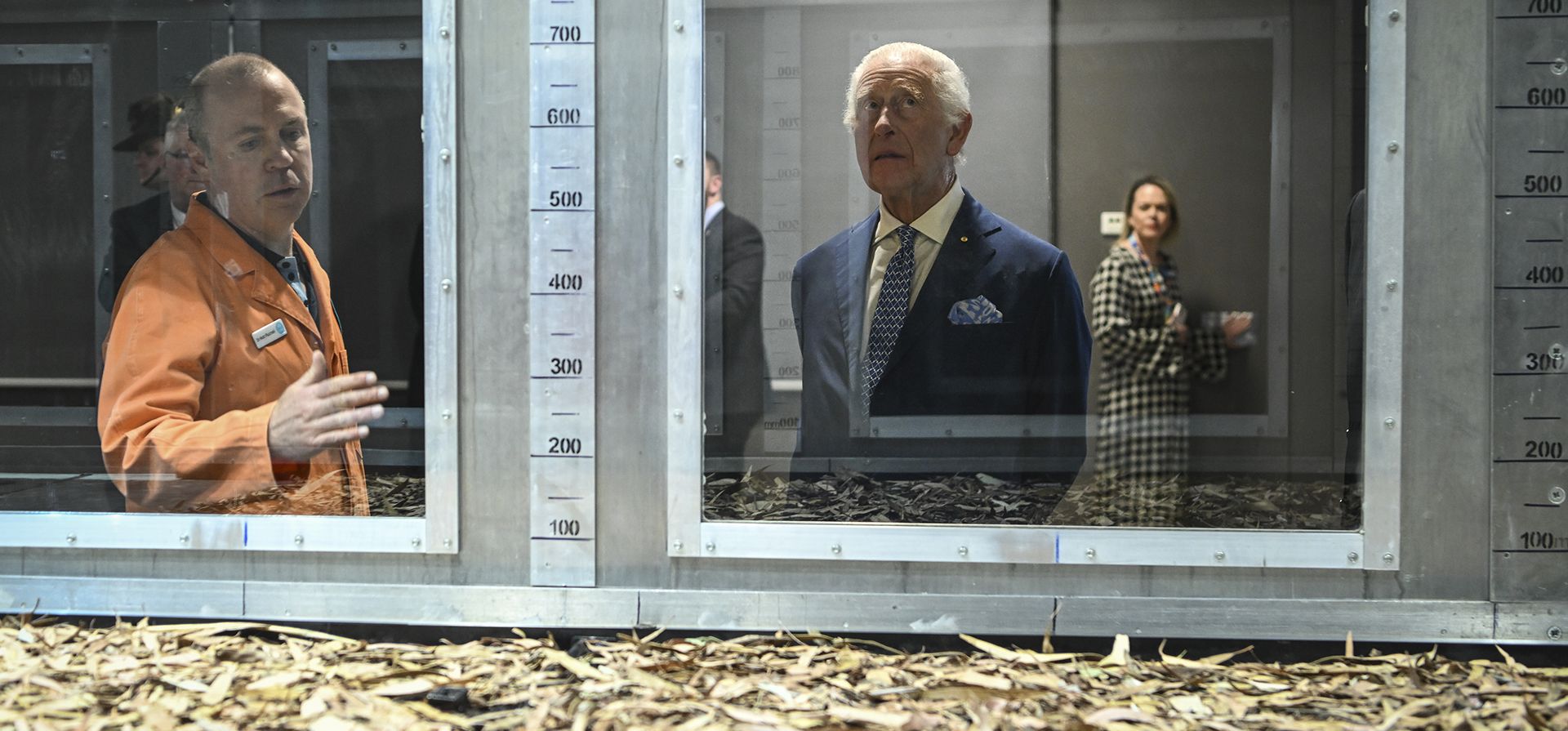 El rey Carlos III de Gran Bretaña escucha al científico investigador Dr. Matt Plucinski, describir el túnel de viento de combustión El rey Carlos III de Gran Bretaña escucha al científico investigador Dr. Matt Plucinski, describir el túnel de viento de combustión