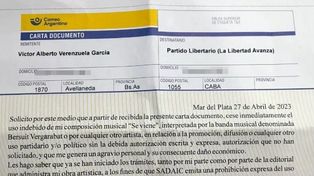 La carta documento que Bersuit Vergarabat le envió a Javier Milei.&nbsp;