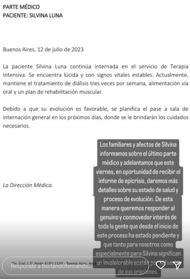 El parte médico del Hospital Italiano que dio a conocer en redes, Fernando Burlando, el abogado de Silvina Luna.