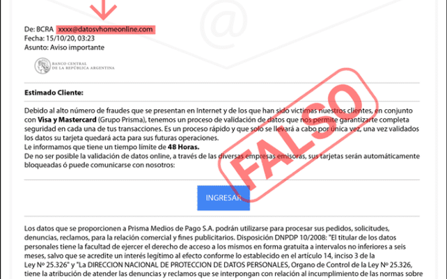 El correo electrónico falso simula haber sido enviado por el Banco Central de la República Argentina.