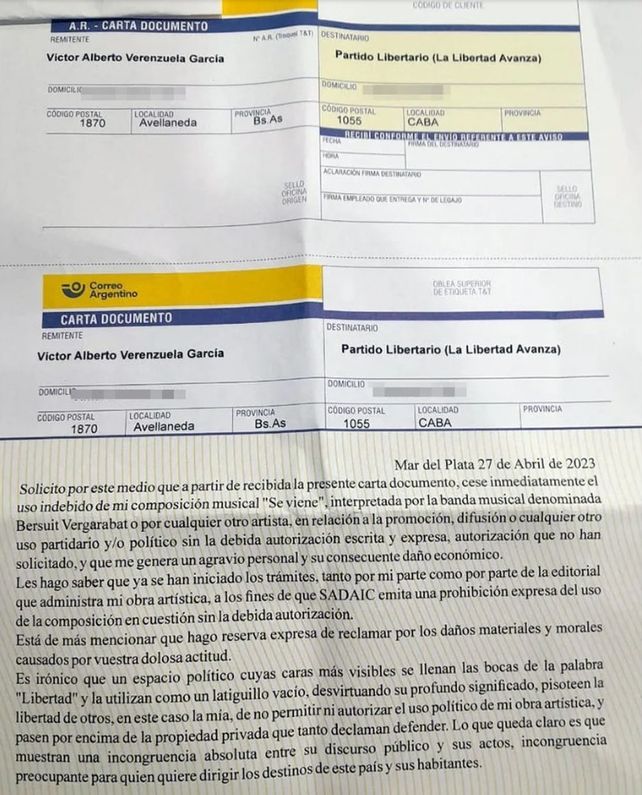 La carta documento que Bersuit Vergarabat le envió a Javier Milei. 