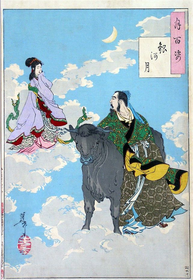 Ilustración de Taiso Yoshitoshi (1839-1892) que representa el encuentro entre Orihime y Hikoboshi. Parte de la colección 