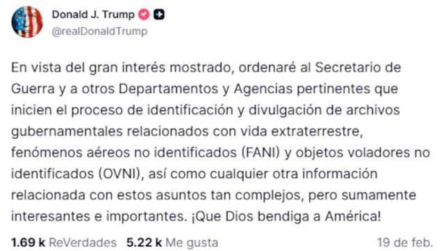 Donald Trump ordenó desclasificar los archivos gubernamentales relacionados con ovnis y vida extraterrestre