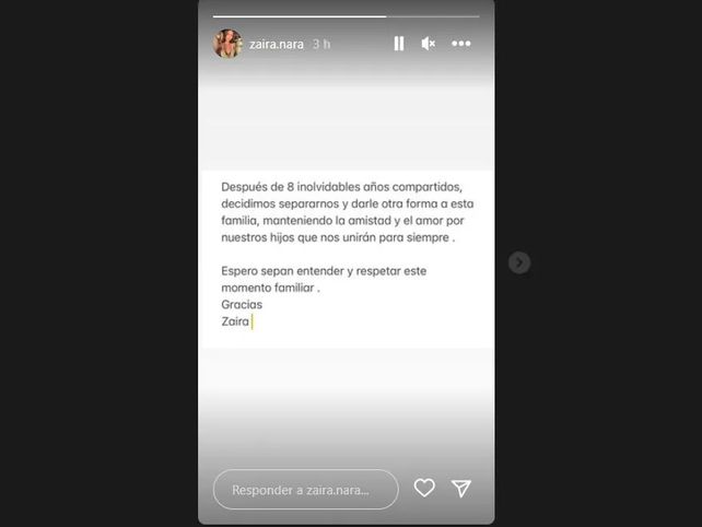 El comunicado de Zaira Nara en Instagram Stories (via @zaira.nara) 