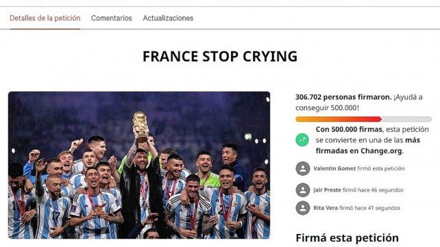 Argentina ganó también en las redes: 300 mil firmas para que Francia deje de llorar.&nbsp;