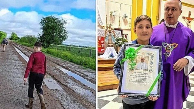 Recorrido. El pequeño recorrió a pie el camino hacia la parroquia. Junto al obispo Landra al recibir la bendición papal.