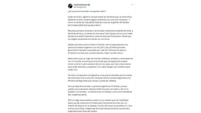 ¿Así que ahora me querés matar?: Cristina Fernández respondió los dichos de Milei