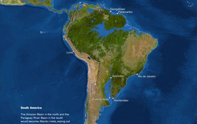 América del sur. El mapa de National Geographic muestra cómo el agua taparía Rosario y Buenos Aires