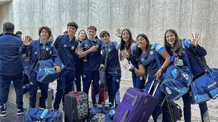 La delegación de atletismo llegó a Rosario, con Paula Gómez Iriondo y Tomás Mondino.