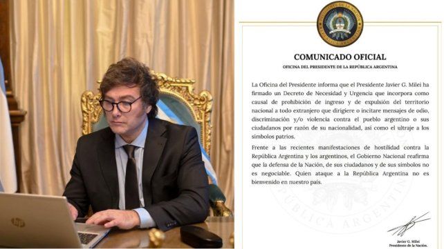 Javier Milei firmó un DNU para expulsar o impedir ingreso al país a extranjeros que inciten el odio contra Argentina