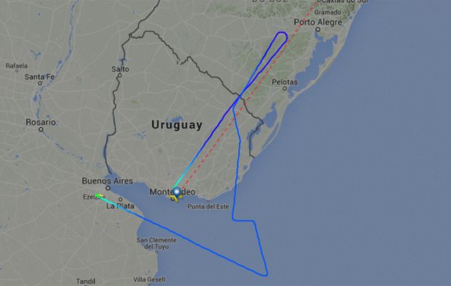 El recorrido que realizó el avión de Iberia tras su despegue en Montevideo. (imagen: FlightRadar24)