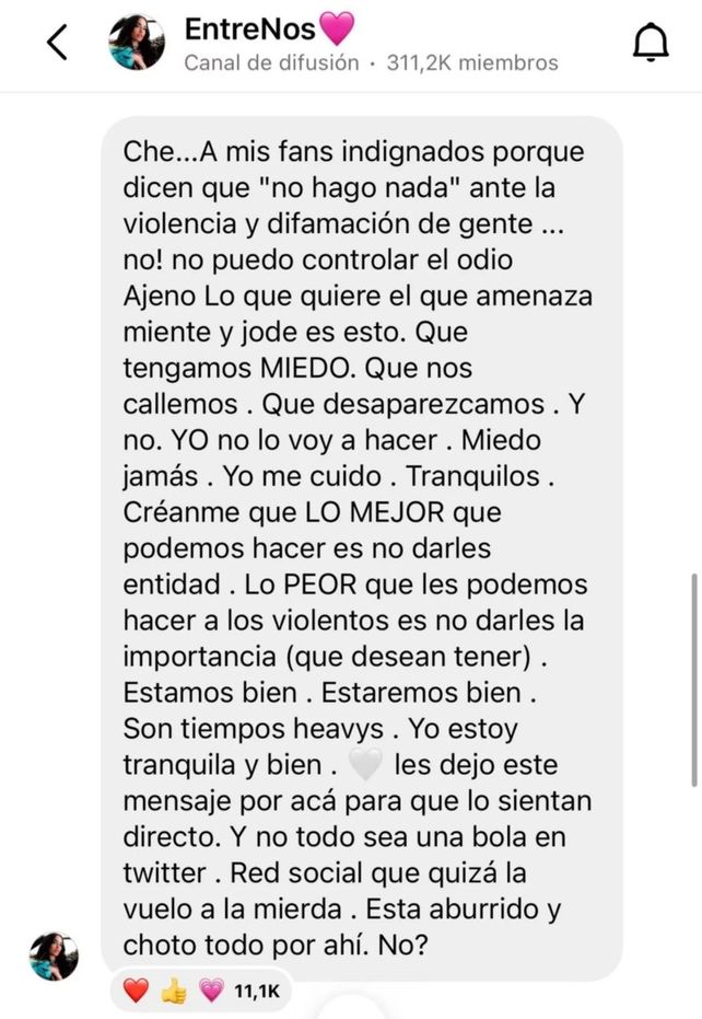 El mensaje que Lali Espósito compartió sobre las fake news a través de su canal de difusión de Instagram.