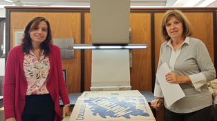 Lorena Domínguez, coordinadora de la Hemeroteca, y Carina Frid, a la cabeza del Cehipe, articulan los trabajos de digitalización de los primeros 34 tomos del diario La Reacción.&nbsp;