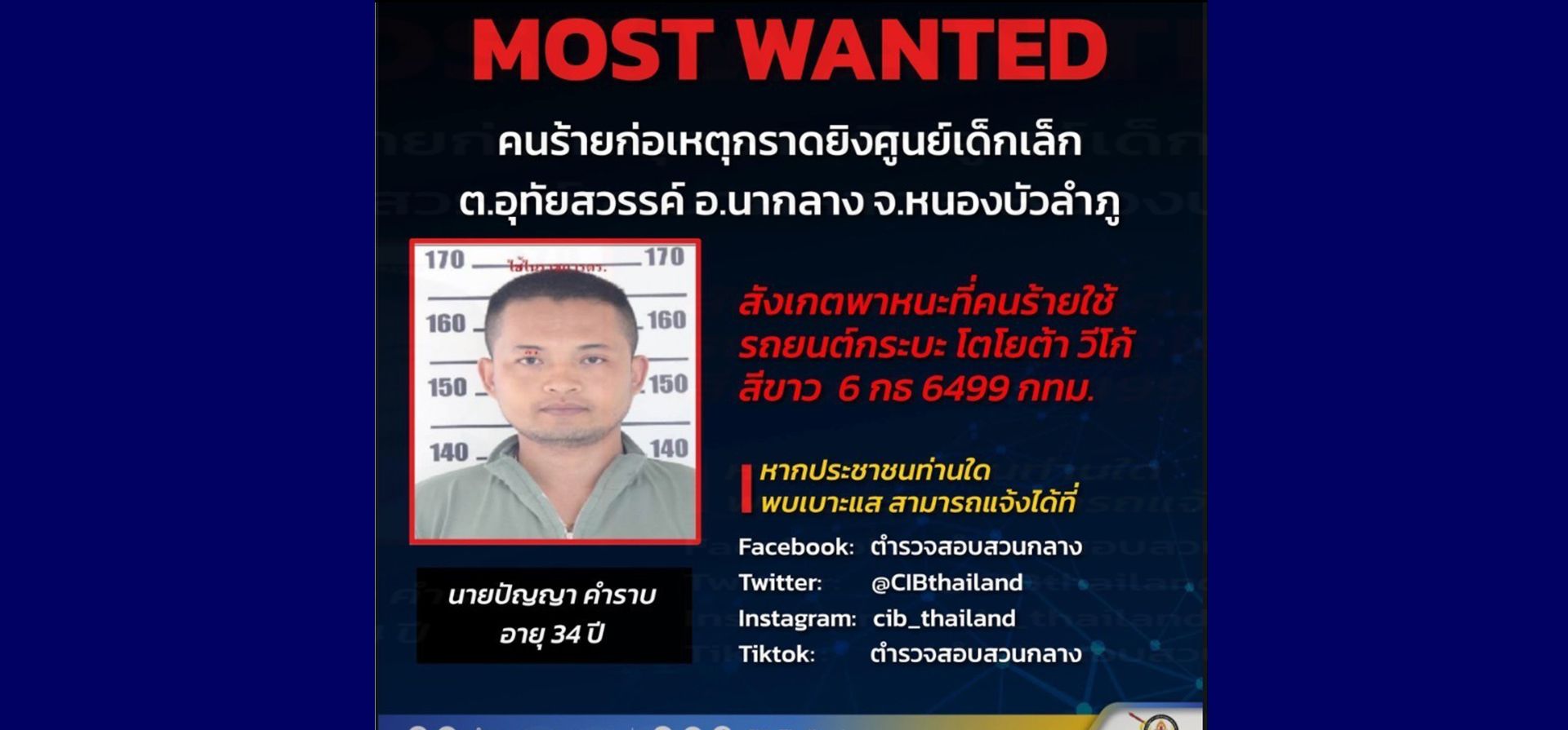 Foto policial publicada por la Oficina de Investigaciones Criminales de Tailandia, CIB, se muestra a un presunto agresor en el ataque en la ciudad de Nongbua Lamphu, al norte de Tailandia, el 6 de octubre de 2022. Más de 30 personas, principalmente niños, murieron el jueves cuando un hombre armado abrió fuego en una guardería en el noreste de Tailandia y luego se suicidó, dijeron las autoridades.