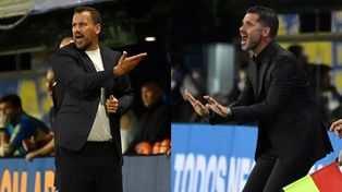 Cristian Fabbiani, DT de Newells, y Fernando Gago, al frente de Boca.