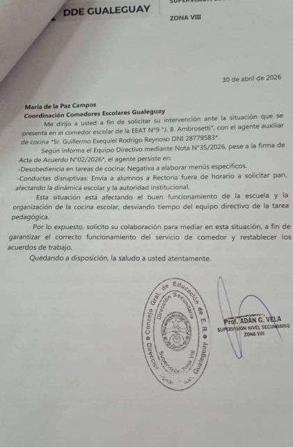 Guillermo Reynoso cumple nueve días de protesta en Gualeguay. Denuncia que fue despedido por reportar falta de alimentos