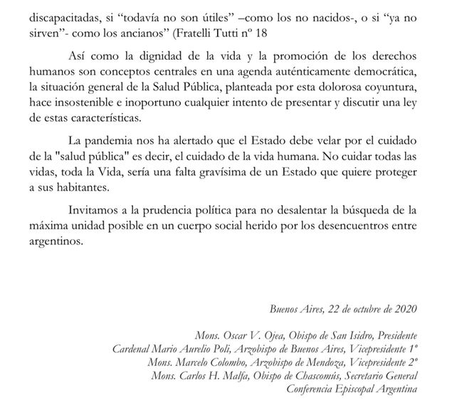 Otro fuerte rechazo de la Iglesia al intento del gobierno de legalizar el aborto