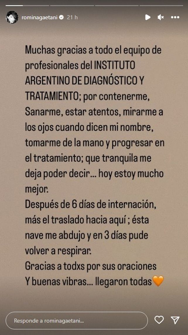 La historia de Instagram con la que Romina Gaetani comunicó su mejoría y agradeció el apoyo recibido.