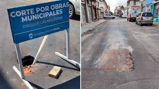 En calle Perú, de Paraná, un tramo de asfalto hundido se tapó con tierra