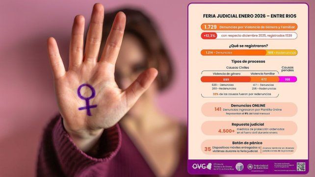 Durante la feria judicial de enero de 2026 se registraron 1.729 denuncias por violencia de género y familiar en la provincia de Entre Ríos.