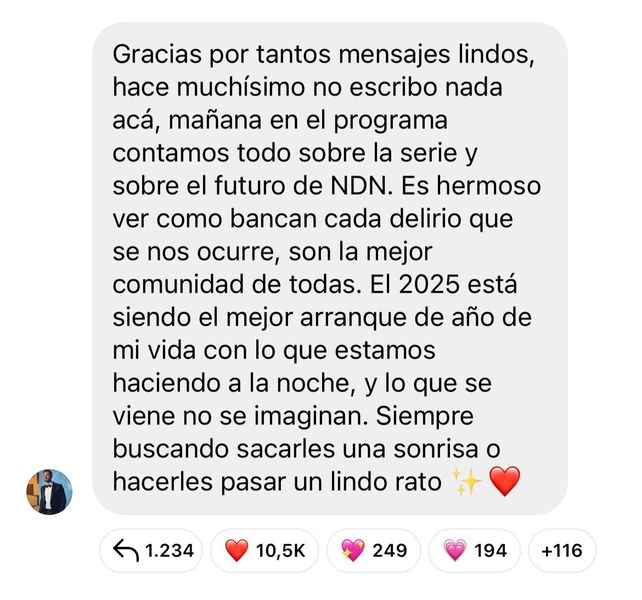 El mensaje que Nico Ochaitto envió a sus seguidores en su canal de difusión 