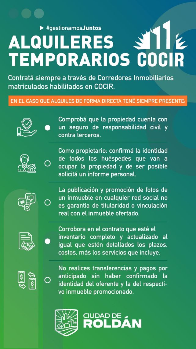 Campaña de Funes, Roldán y las inmobiliarias para evitar estafas en alquileres de verano