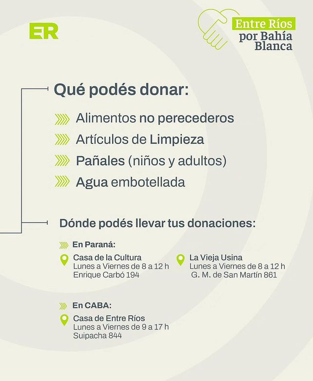 Bahía Blanca: lugares de recepción de donaciones en Entre Ríos