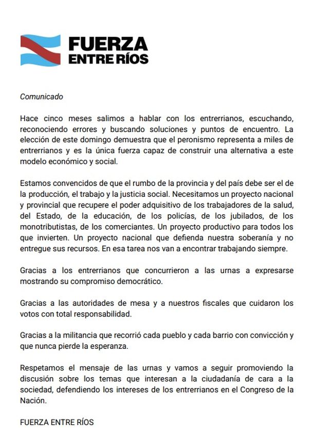 Fuerza Entre Ríos: Respetamos el mensaje de las urnas Fuerza Entre Ríos: Respetamos el mensaje de las urnas