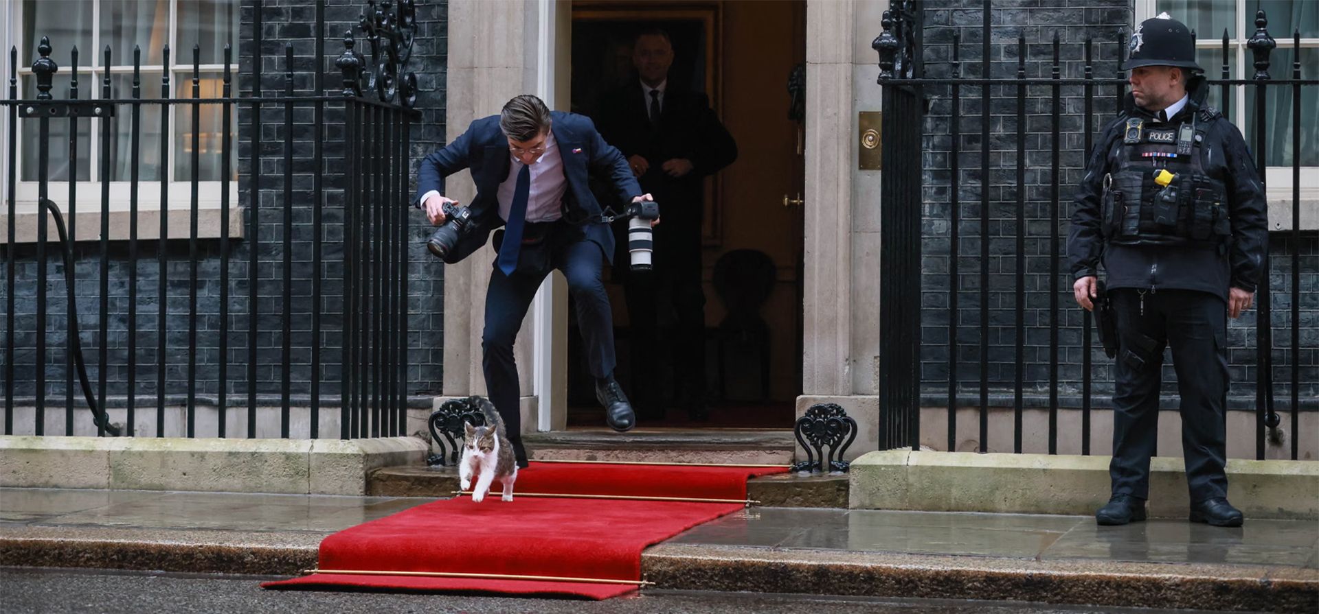 Larry, el gato de Downing Street, se interpone ante un fotógrafo afuera del número 10, Londres, Inglaterra. Fotografía: Leszek Szymaski/EPA Larry, el gato de Downing Street, se interpone ante un fotógrafo afuera del número 10, Londres, Inglaterra. Fotografía: Leszek Szymaski/EPA