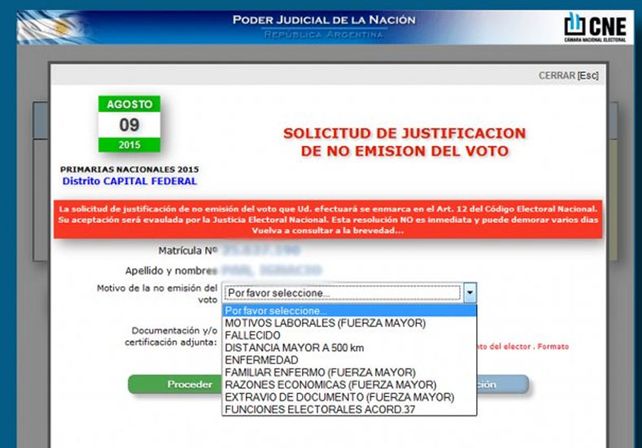 Está online el sistema para justificar la no emisión del voto