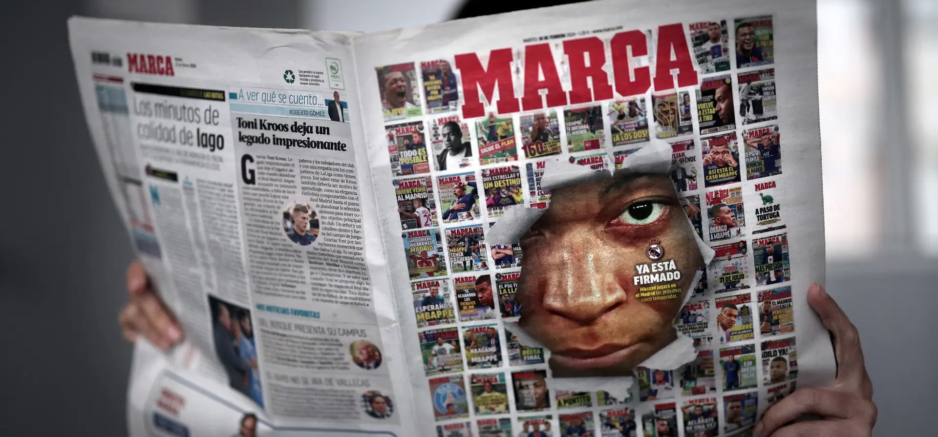 En la portada del diario deportivo Marca aparece Kylian Mbappé, del Paris Saint-Germain, quien le ha dicho al equipo francés que se irá al final de la temporada, Madrid, España. Fotografía: Thomas Coex/AFP/Getty Images En la portada del diario deportivo Marca aparece Kylian Mbappé, del Paris Saint-Germain, quien le ha dicho al equipo francés que se irá al final de la temporada, Madrid, España. Fotografía: Thomas Coex/AFP/Getty Images
