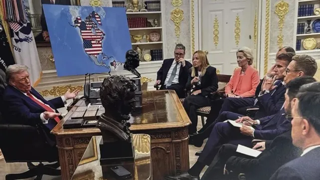 En la imagen, hecha con inteligencia artificial, se lo ve a Donald Trump junto a líderes de la Unión Europea. 