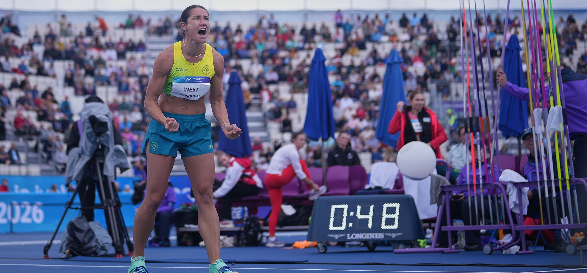 La australiana Tori West reacciona mientras compite en la prueba de lanzamiento de jabalina del heptatlón femenino en los Juegos de la Commonwealth en Glasgow, Escocia, el miércoles 29 de julio de 2026. (Foto AP/Alastair Grant) La australiana Tori West reacciona mientras compite en la prueba de lanzamiento de jabalina del heptatlón femenino en los Juegos de la Commonwealth en Glasgow, Escocia, el miércoles 29 de julio de 2026. (Foto AP/Alastair Grant)