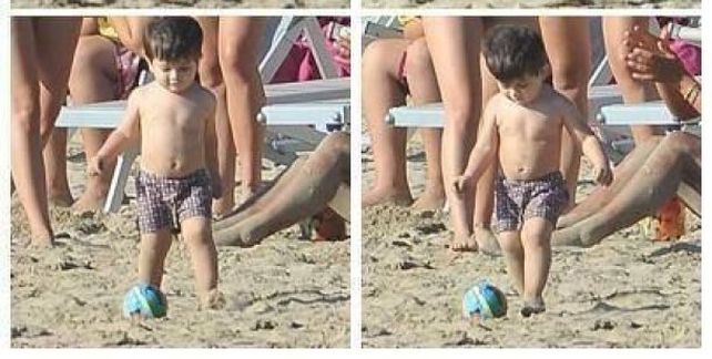 Thiago Messi ya hace sus primeras gambetas en la playa