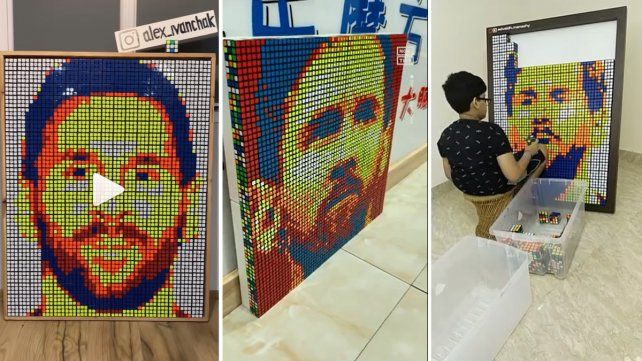 La cara de Lionel Messi compuesta con cubos Rubik