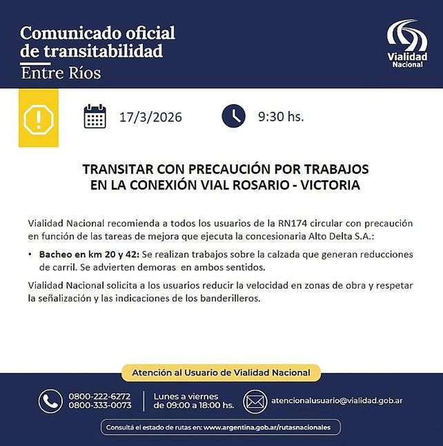 Puente Victoria - Rosario: piden transitar con precaución por obras