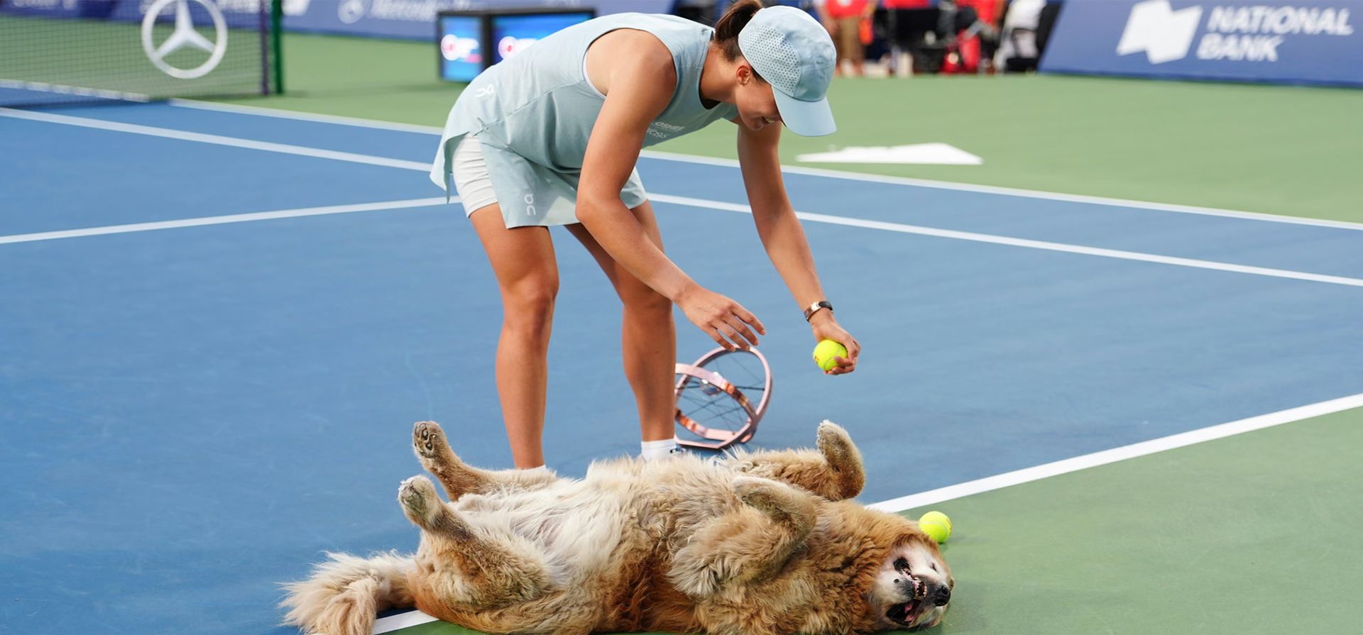 La polaca Iga witek juega con Elway, la mascota canina de Tennis Canada, tras vencer a la kazaja Elena Rybakina en la final del Abierto de Canadá en Toronto, Canadá. Fotografía: Chris Young/The Canadian Press/AP La polaca Iga witek juega con Elway, la mascota canina de Tennis Canada, tras vencer a la kazaja Elena Rybakina en la final del Abierto de Canadá en Toronto, Canadá. Fotografía: Chris Young/The Canadian Press/AP