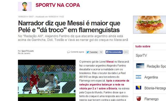 El relato de Fantino del gol de Messi, generó revuelo en Brasil