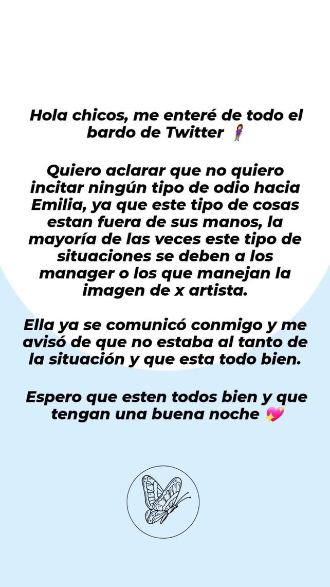 La historia de Instagram con la que la emprendedora involucrada aclaró el cruce con Emilia Mernes