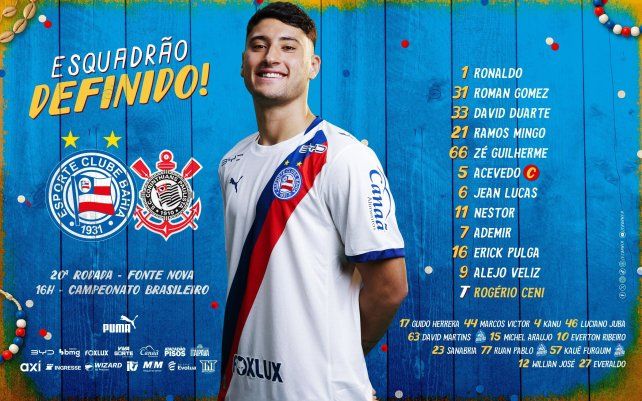 La imagen de Alejo Veliz fue la elegida por Esporte Clube Bahía para anunciar la formación ante Corinthians.