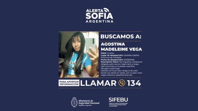 Cinco días pasaron desde que la adolescente Agostina Vega desapareció en la provincia de Córdoba. Hay vigente un alerta Sofía&nbsp;